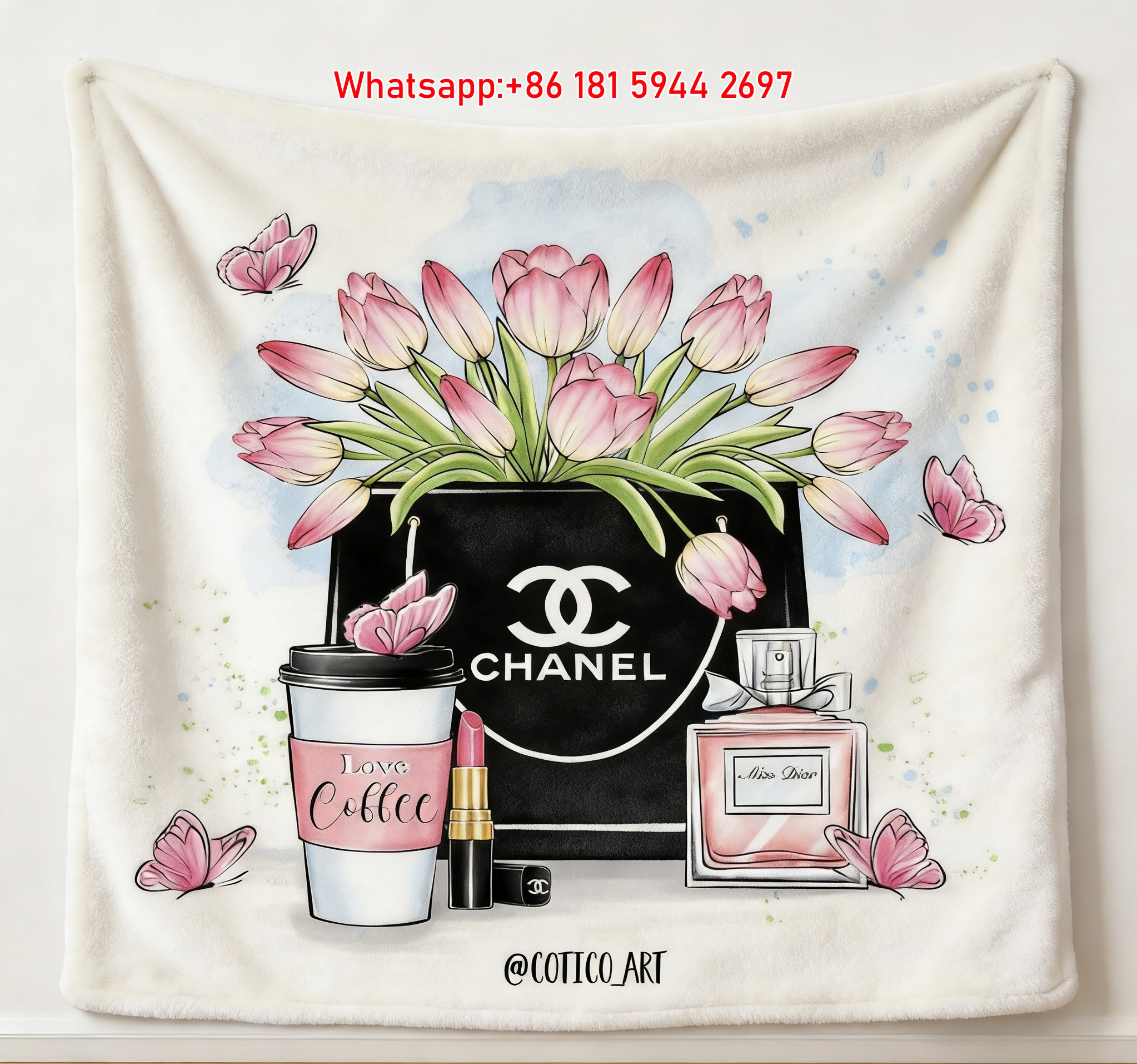 Chanel CC Logo Tulip & Coffee Flannel Sofa Throw Blanket IMG_6748